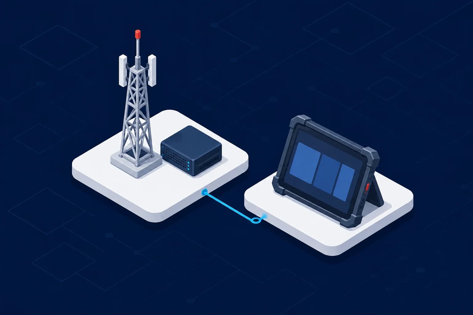 Compact illustration of a communications mast, closed network cabinet, and management tablet on a navy background