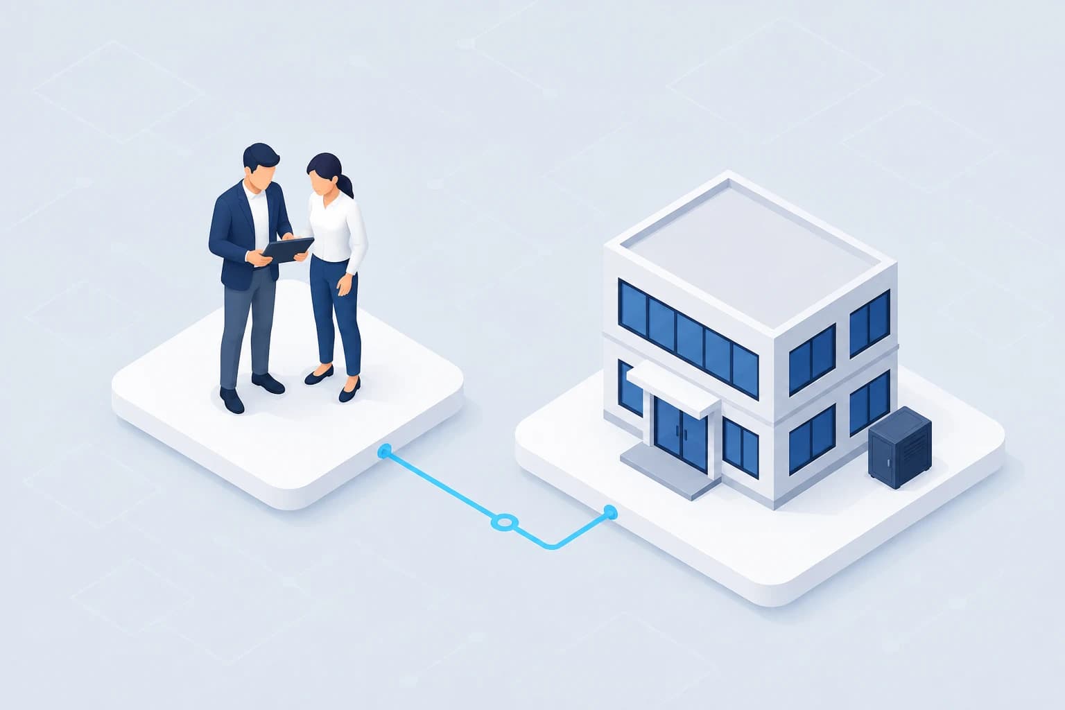 An illustrated technology team shares a tablet beside a connected public office building