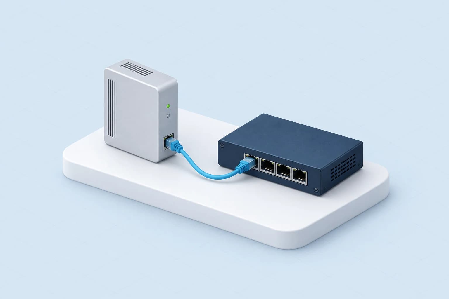A network demarcation enclosure and compact edge router connected by a short data cable.