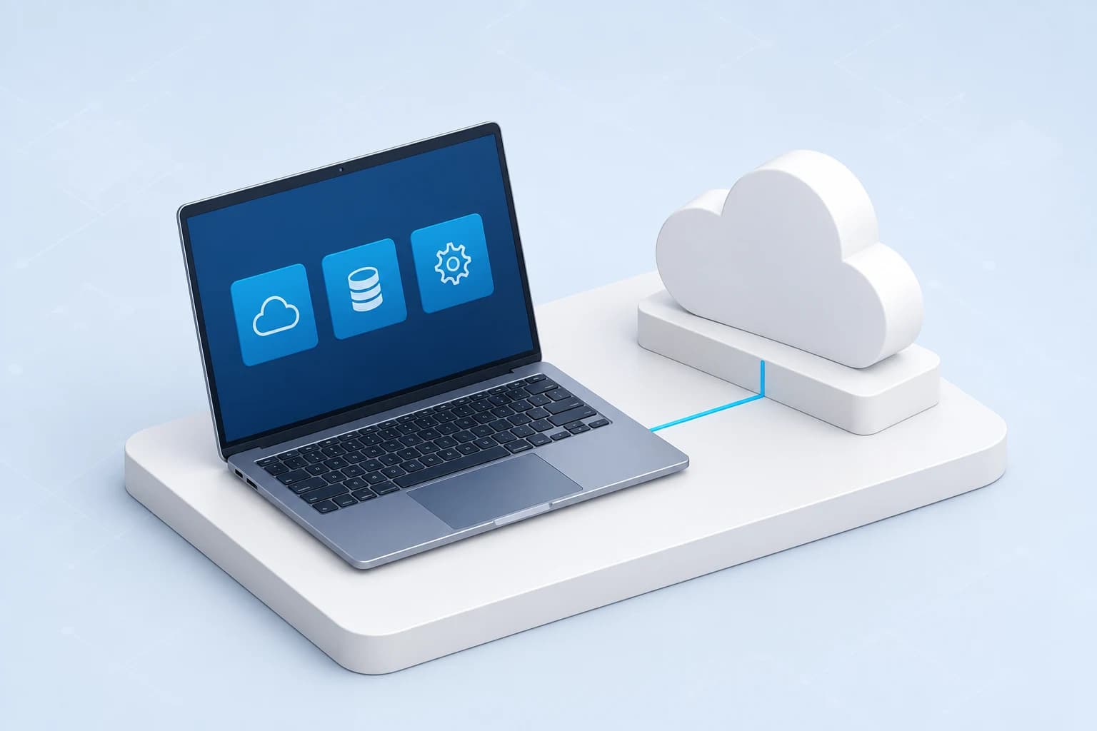 A laptop and a simple white cloud symbol on a compact platform.