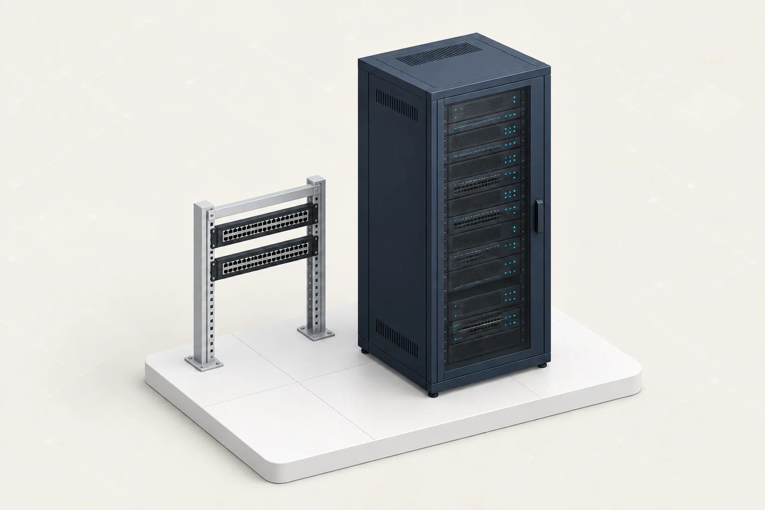 An enclosed server cabinet beside a compact cross-connect frame on a raised-floor platform.