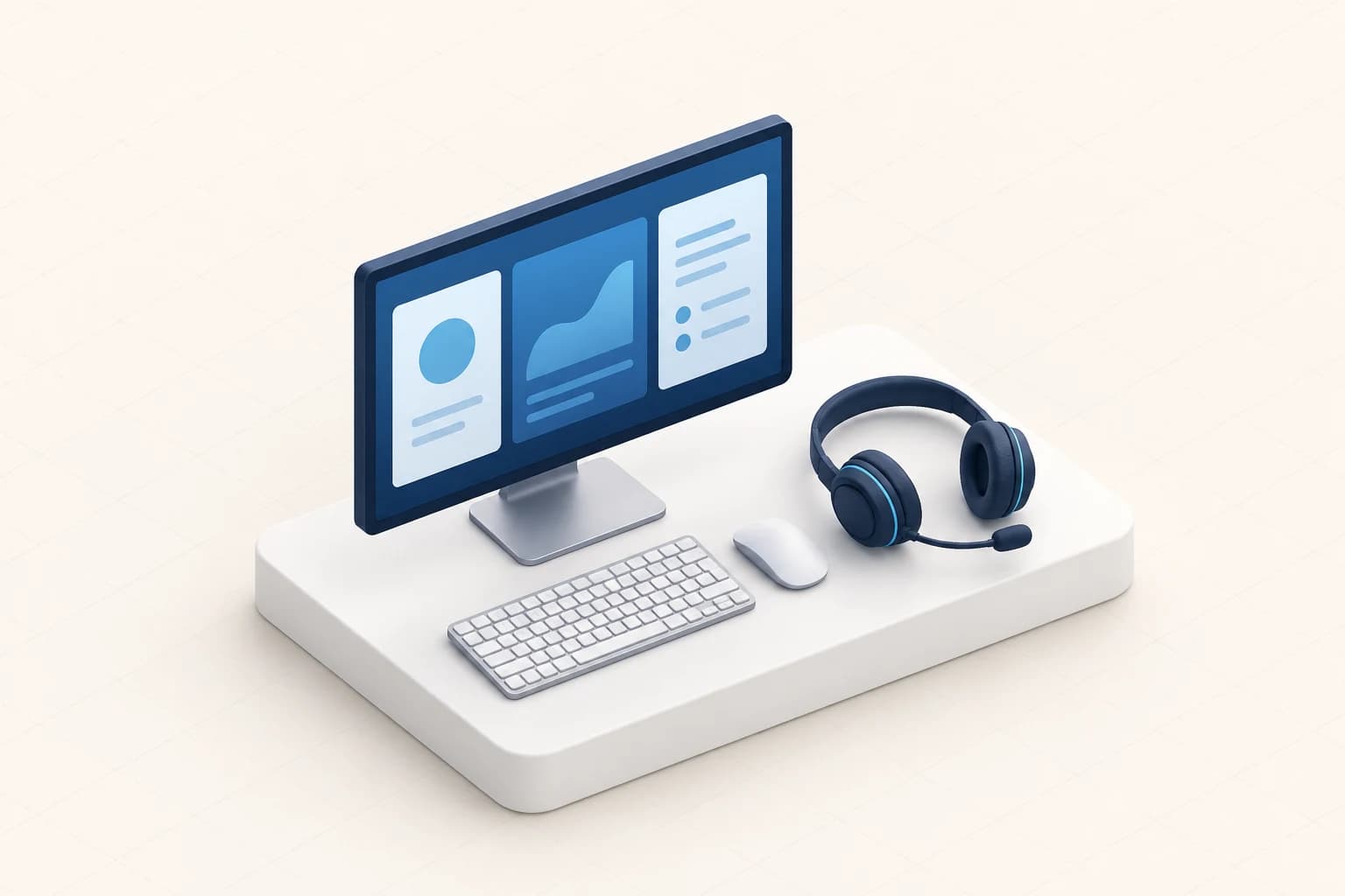 One desktop workstation and a headset arranged on a white platform.